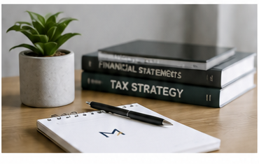 Desk with tax strategy and financial statement books